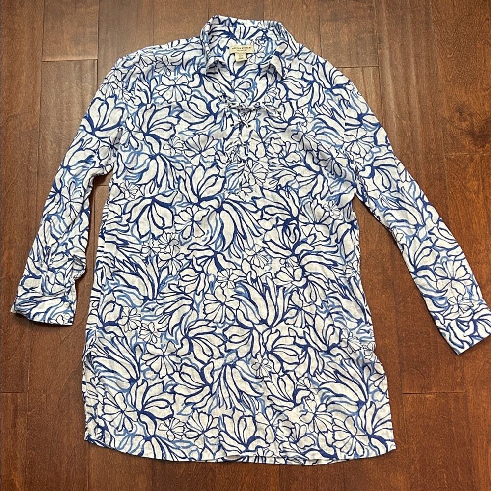 Martha Stewart Linen Blend Blue & White Floral Resort Wear CoverUp Tunic, Size L